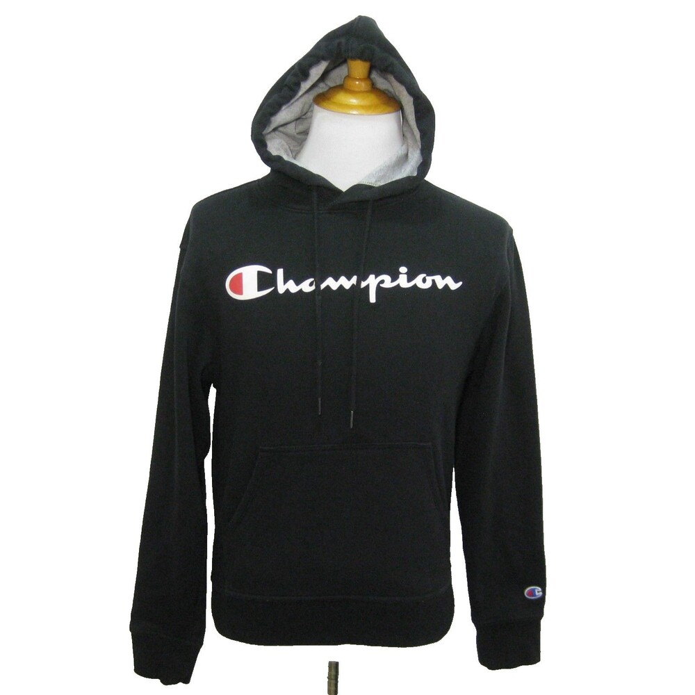 Champion Hoodie Mens Small Black Athletic Hooded Sweatshirt Spellout Logo Top